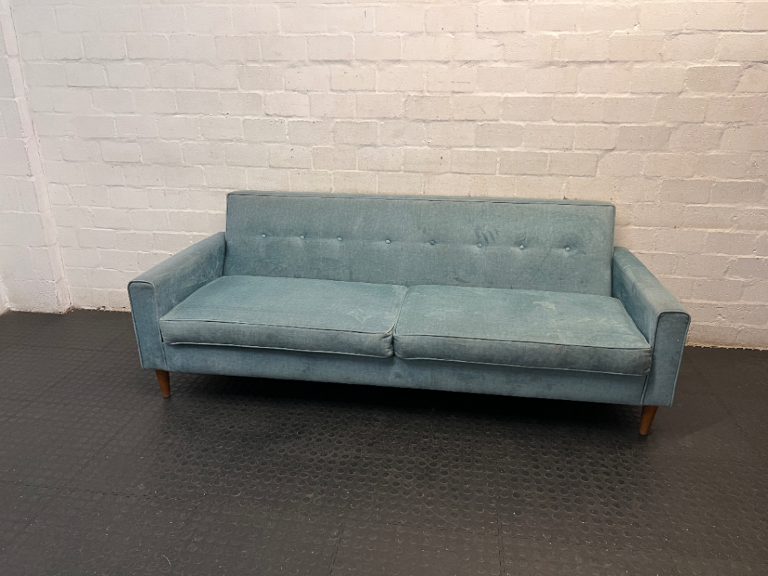Mid-Century Style Blue Velvet 3 Seater Couch — Fair Condition with Visible Wear - 2ndhandwarehouse.com