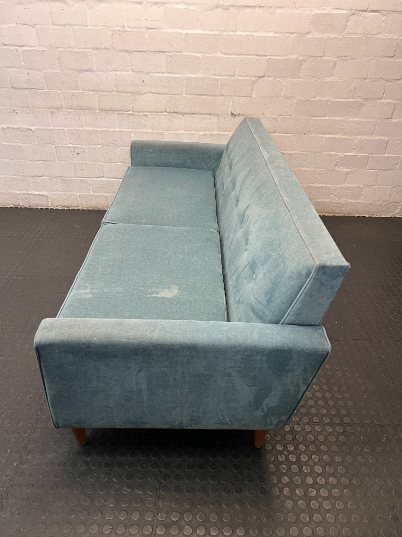 Mid-Century Style Blue Velvet 3 Seater Couch — Fair Condition with Visible Wear - 2ndhandwarehouse.com