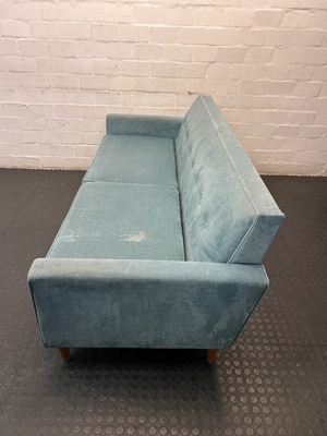 Mid-Century Style Blue Velvet 3 Seater Couch — Fair Condition with Visible Wear - 2ndhandwarehouse.com