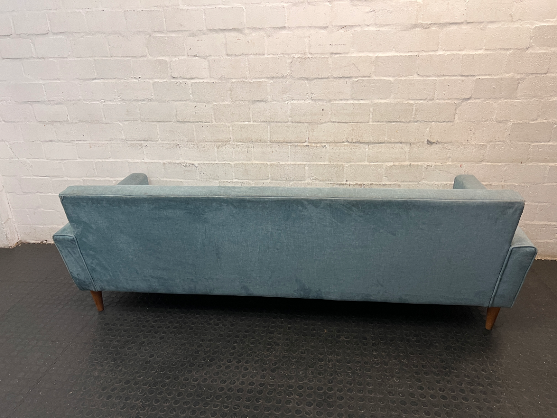Mid-Century Style Blue Velvet 3 Seater Couch — Fair Condition with Visible Wear - 2ndhandwarehouse.com