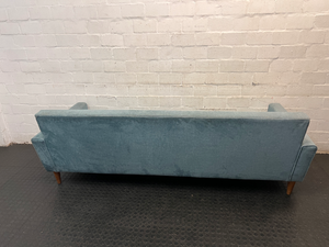 Mid-Century Style Blue Velvet 3 Seater Couch — Fair Condition with Visible Wear - 2ndhandwarehouse.com