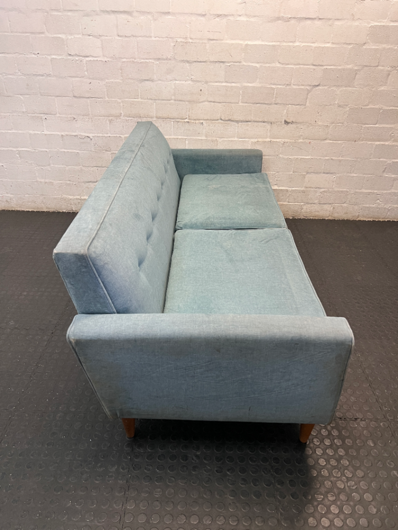 Mid-Century Style Blue Velvet 3 Seater Couch — Fair Condition with Visible Wear - 2ndhandwarehouse.com