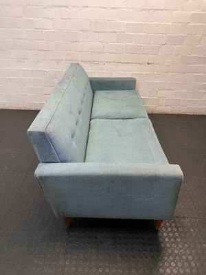 Mid-Century Style Blue Velvet 3 Seater Couch — Fair Condition with Visible Wear - 2ndhandwarehouse.com