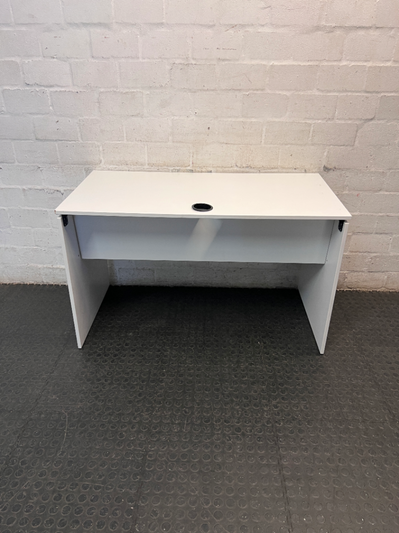 Minimalist White Office Desk with Cable Port — Good Used Condition