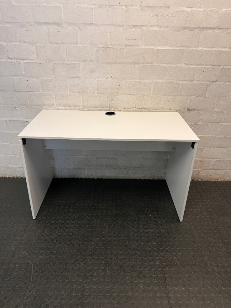 Minimalist White Office Desk with Cable Port — Good Used Condition
