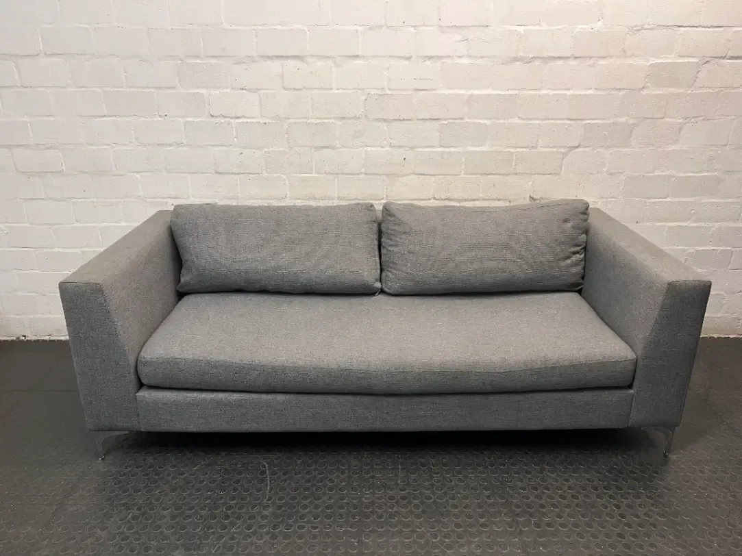 Modern 3 Seater Grey Fabric Couch with Metal Legs — Good Working Order