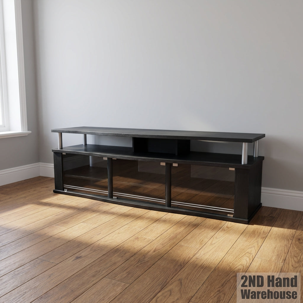 Modern Black Curved TV Unit with Glass Doors - The top is not well connected - 2ndhandwarehouse.com