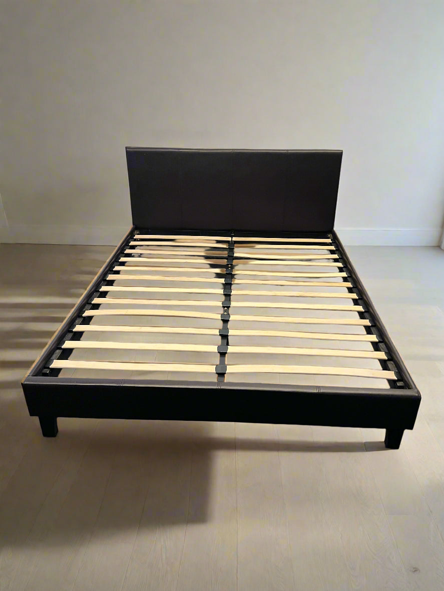 Modern Black Faux Leather Queen Bed Frame with Wooden Slats