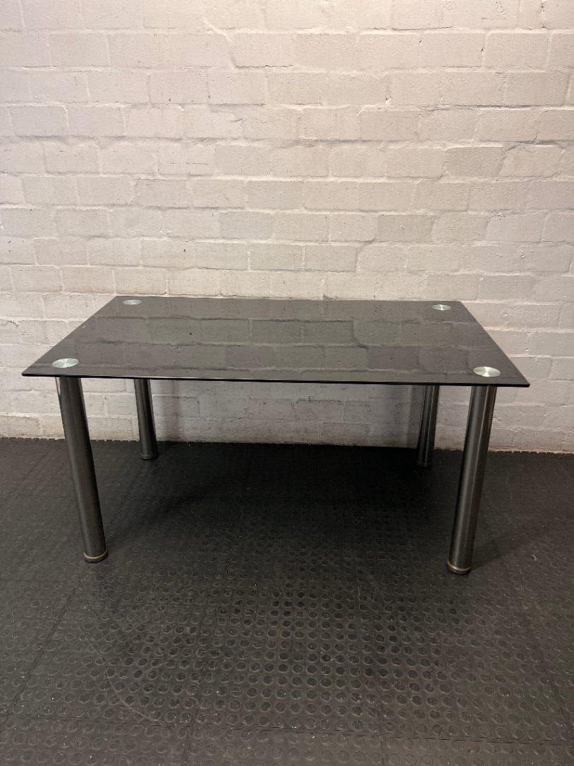 Black Glass Top Dining Table with Metal Legs — Used; Fair Condition