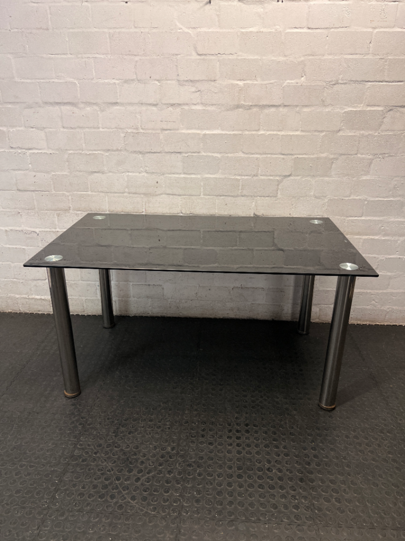 Black Glass Top Dining Table with Metal Legs — Used; Fair Condition