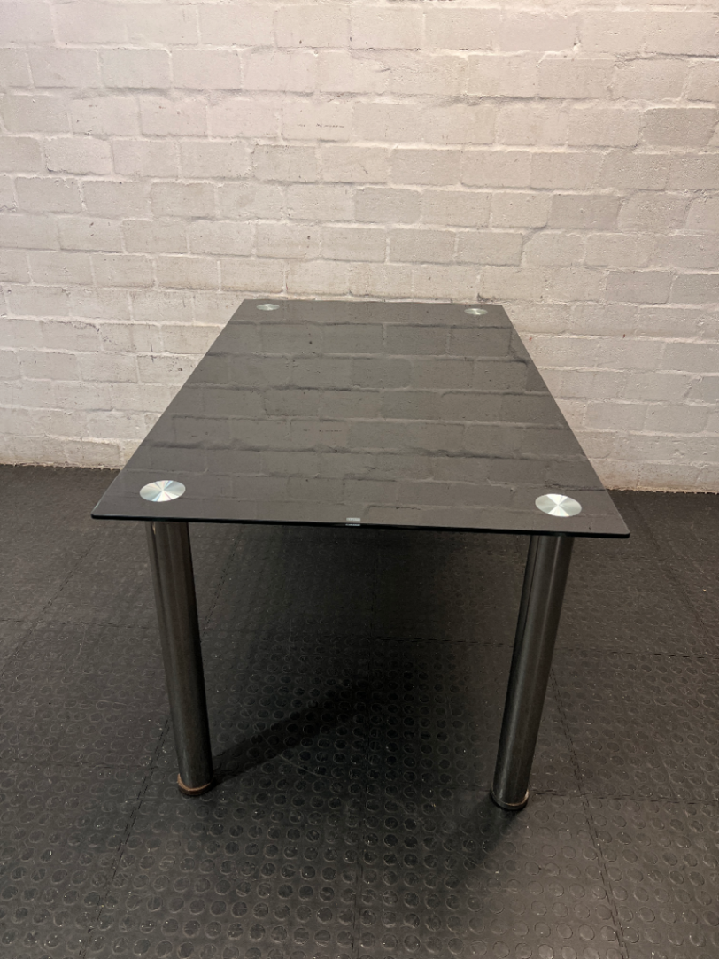 Black Glass Top Dining Table with Metal Legs — Used; Fair Condition