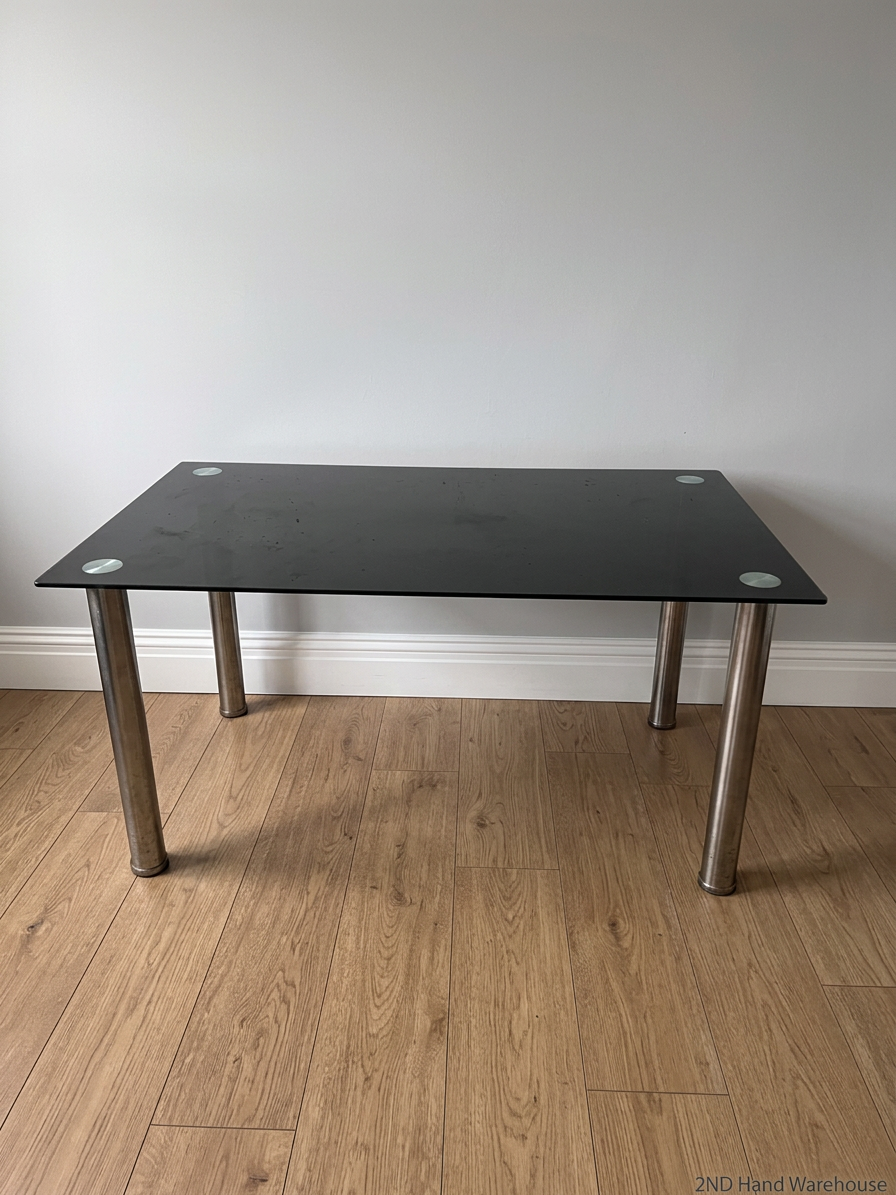 Black Glass Top Dining Table with Metal Legs — Used; Fair Condition