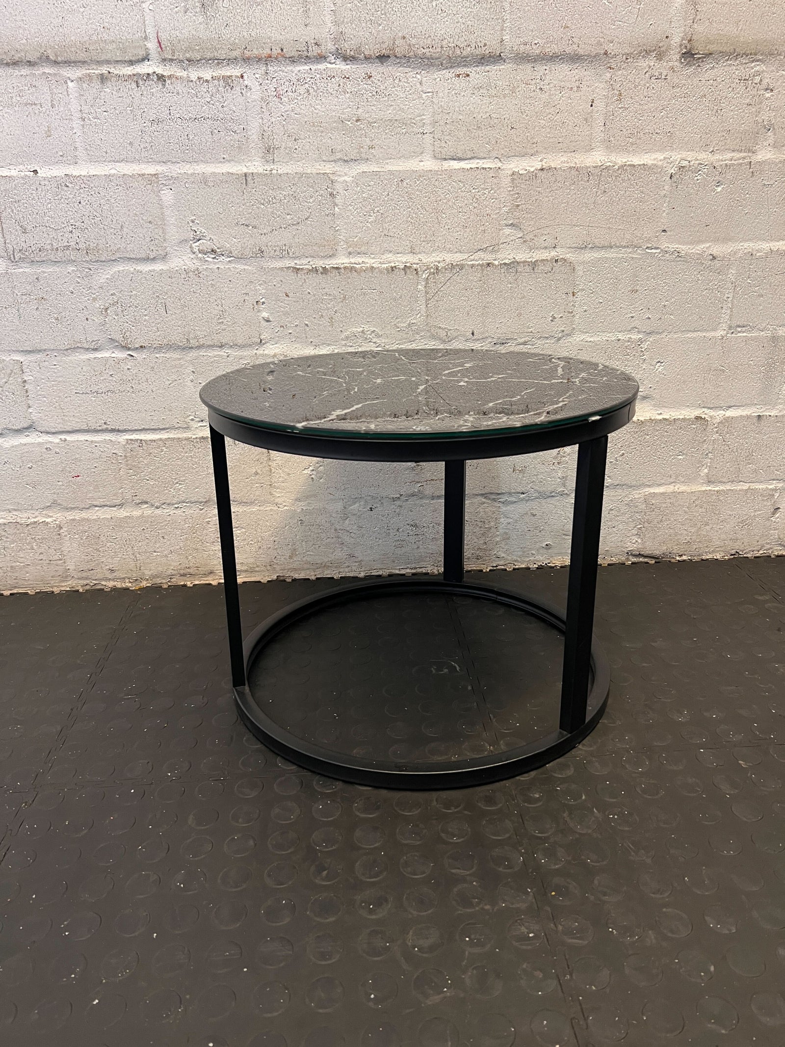 Modern Black Round Marble Top Side Table with Minor Scratches