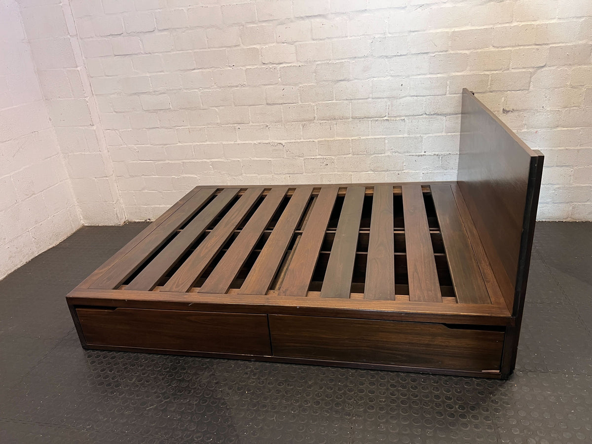 Modern Dark Wood Platform Queen Bed Frame & Headboard With Drawers - 2ndhandwarehouse.com