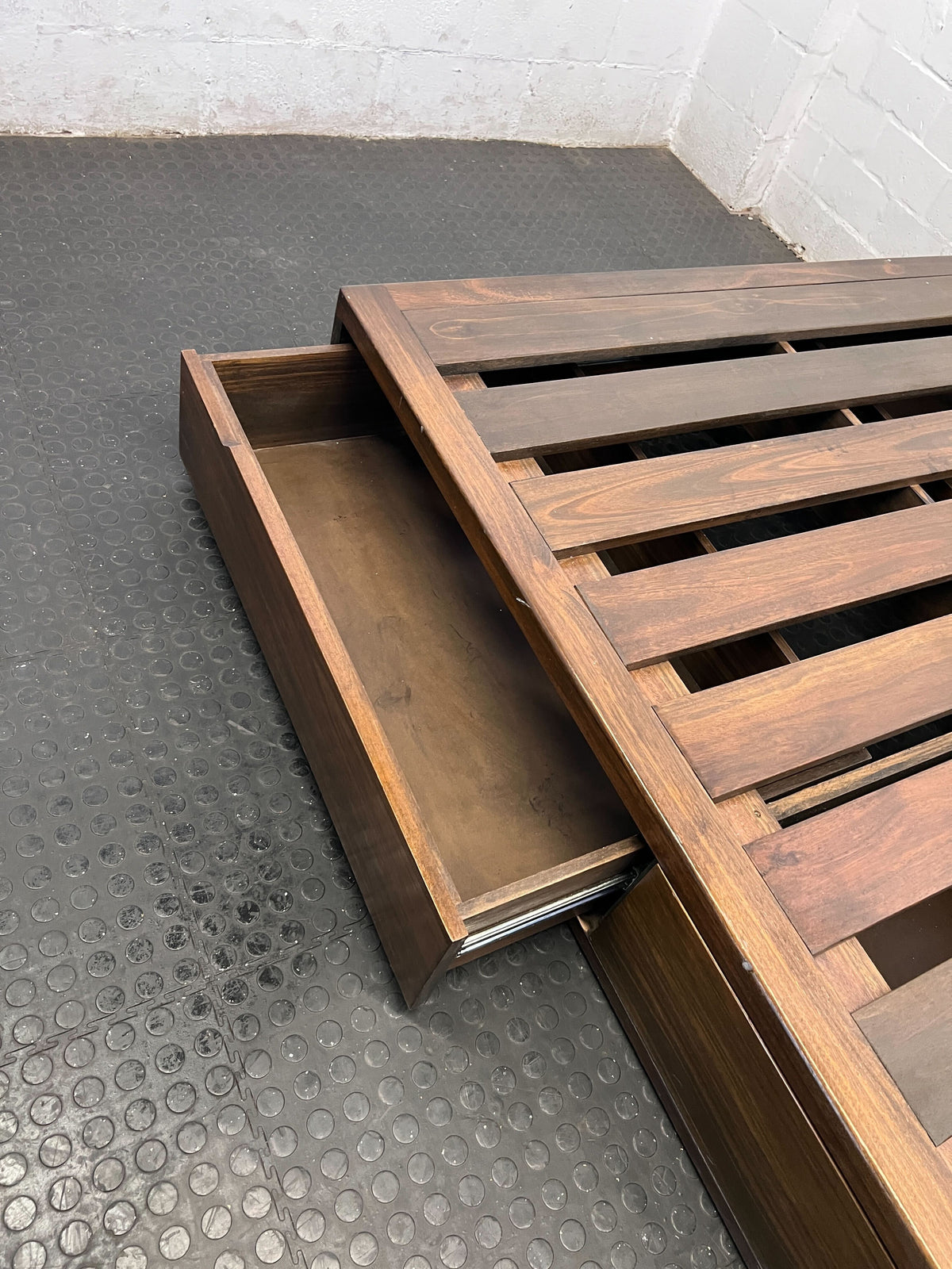 Modern Dark Wood Platform Queen Bed Frame & Headboard With Drawers - 2ndhandwarehouse.com