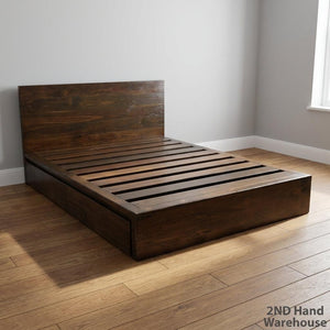 Modern Dark Wood Platform Queen Bed Frame & Headboard With Drawers - 2ndhandwarehouse.com