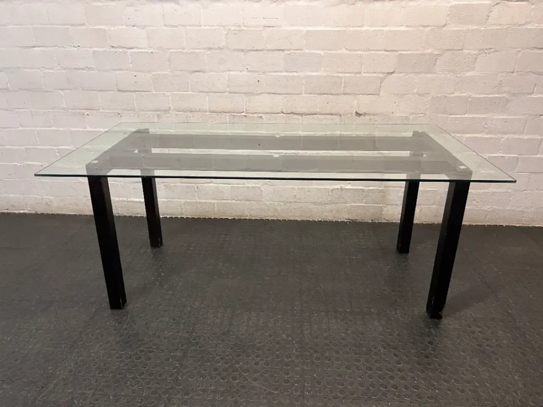 Modern Glass Top Dining Table with Dark Frame — Well Used Dining Set