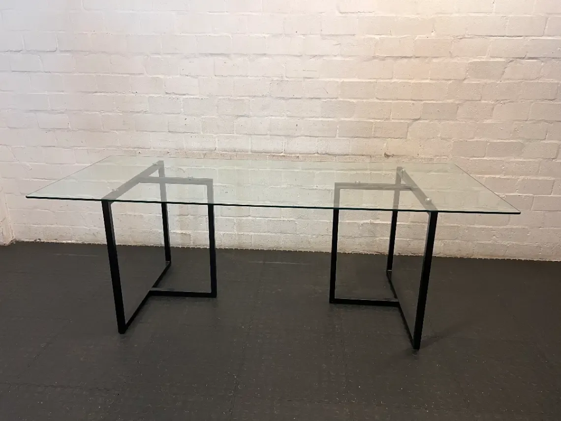 Modern Industrial Glass Dining Table with Black Metal Base — Good Condition - 2ndhandwarehouse.com
