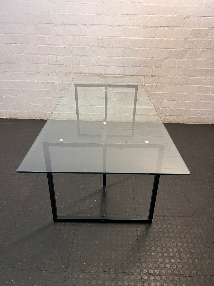 Modern Industrial Glass Dining Table with Black Metal Base — Good Condition - 2ndhandwarehouse.com