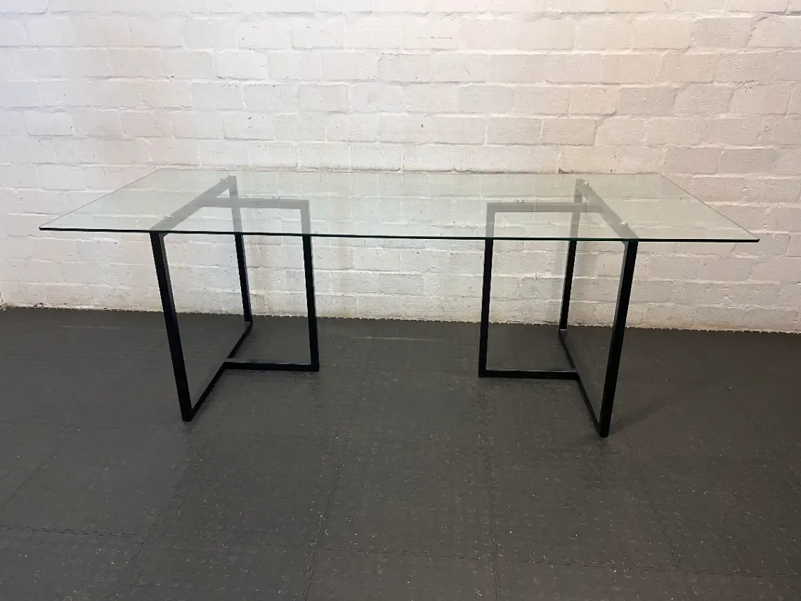 Modern Industrial Glass Dining Table with Black Metal Base — Good Condition - 2ndhandwarehouse.com