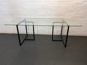 Modern Industrial Glass Dining Table with Black Metal Base — Good Condition - 2ndhandwarehouse.com