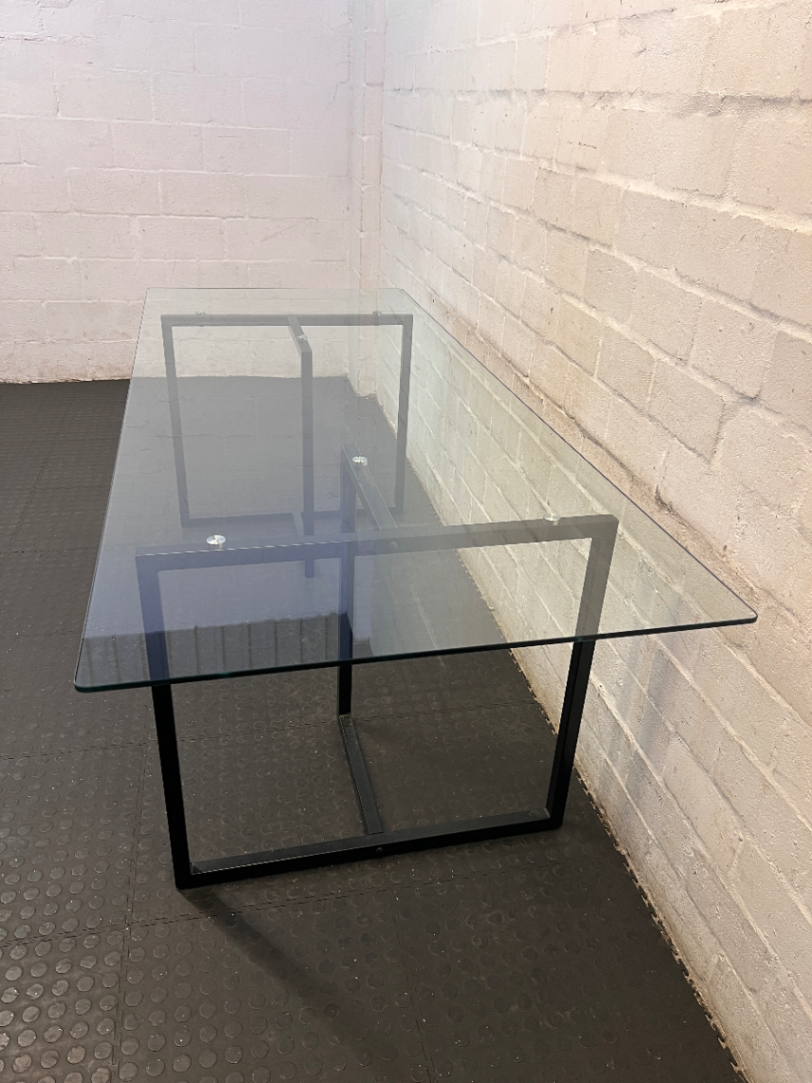 Modern Industrial Glass Dining Table with Black Metal Base — Good Condition - 2ndhandwarehouse.com
