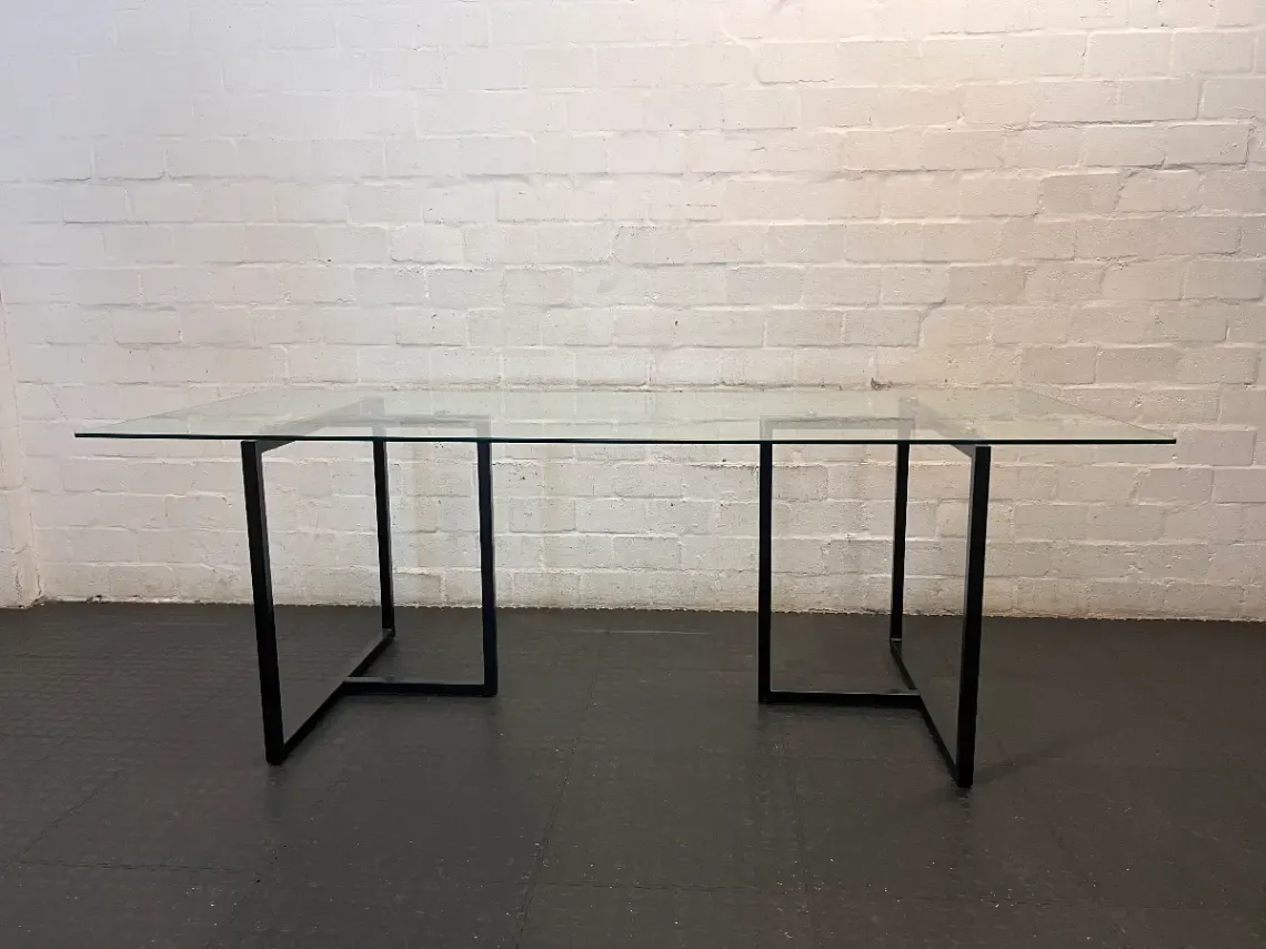 Modern Industrial Glass Dining Table with Black Metal Base — Good Condition - 2ndhandwarehouse.com