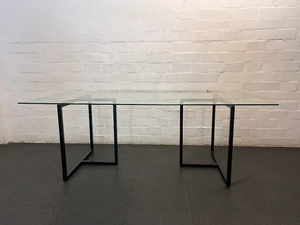 Modern Industrial Glass Dining Table with Black Metal Base — Good Condition - 2ndhandwarehouse.com