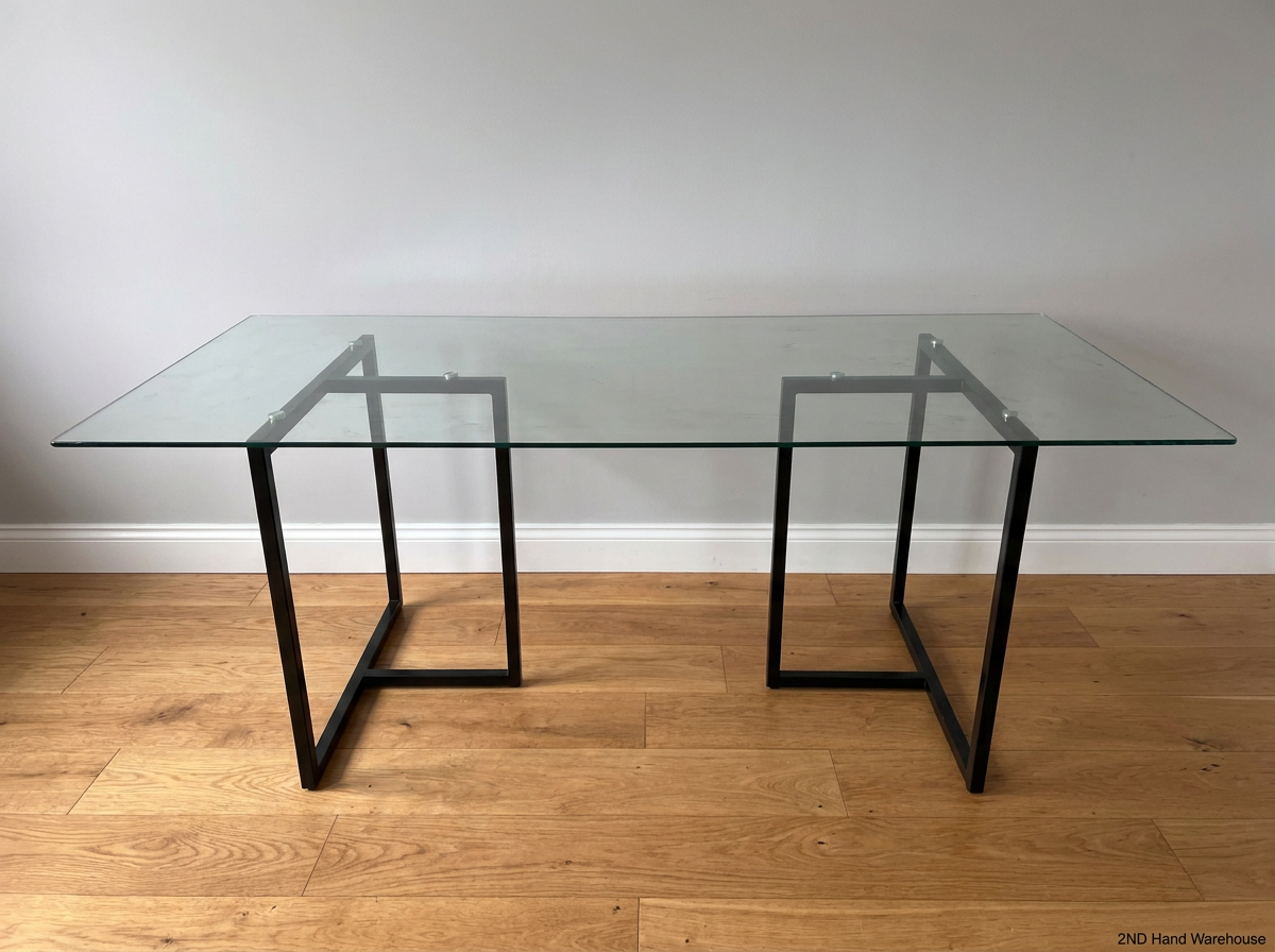 Modern Industrial Glass Dining Table with Black Metal Base — Good Condition - 2ndhandwarehouse.com