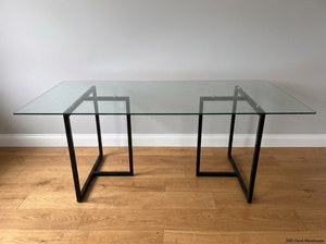 Modern Industrial Glass Dining Table with Black Metal Base — Good Condition - 2ndhandwarehouse.com