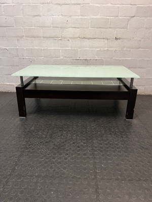 Modern Two-Tier Glass and Black Coffee Table — Well Used with Visible Wear