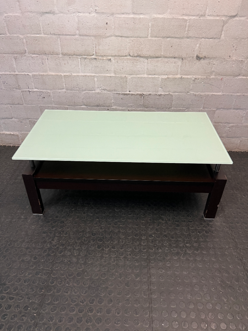 Modern Two-Tier Glass and Black Coffee Table — Well Used with Visible Wear