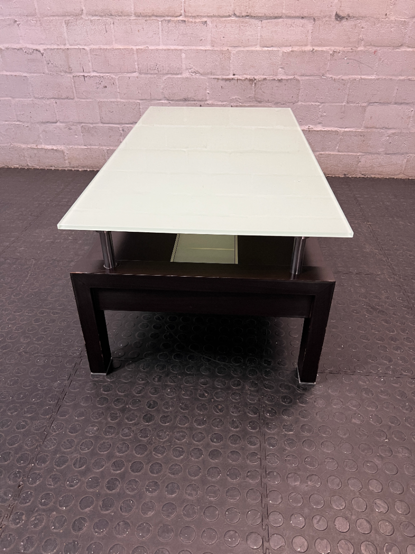 Modern Two-Tier Glass and Black Coffee Table — Well Used with Visible Wear