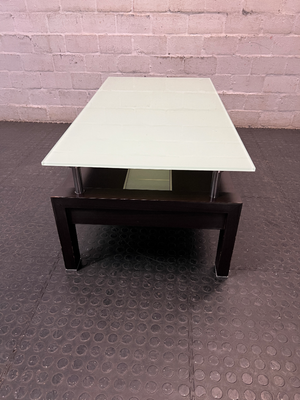 Modern Two-Tier Glass and Black Coffee Table — Well Used with Visible Wear