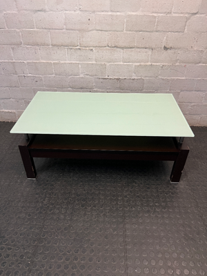 Modern Two-Tier Glass and Black Coffee Table — Well Used with Visible Wear