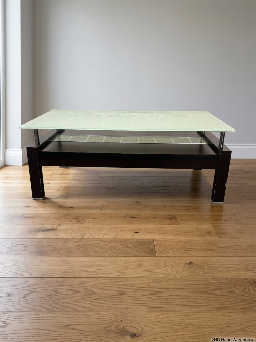Modern Two-Tier Glass and Black Coffee Table — Well Used with Visible Wear