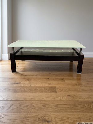 Modern Two-Tier Glass and Black Coffee Table — Well Used with Visible Wear
