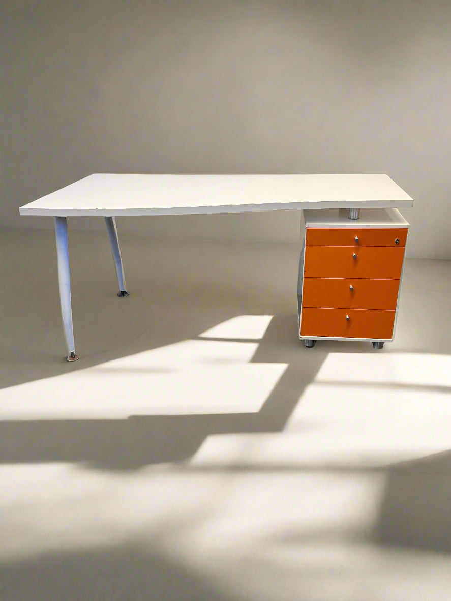 Modern White Desk with Orange Drawer Unit | Great Condition