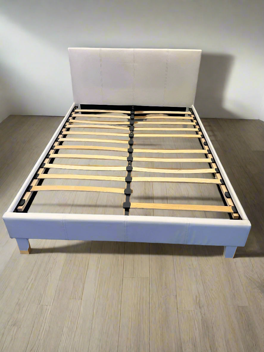 Decofurn White Leather Double Bed Frame with Wooden Slats