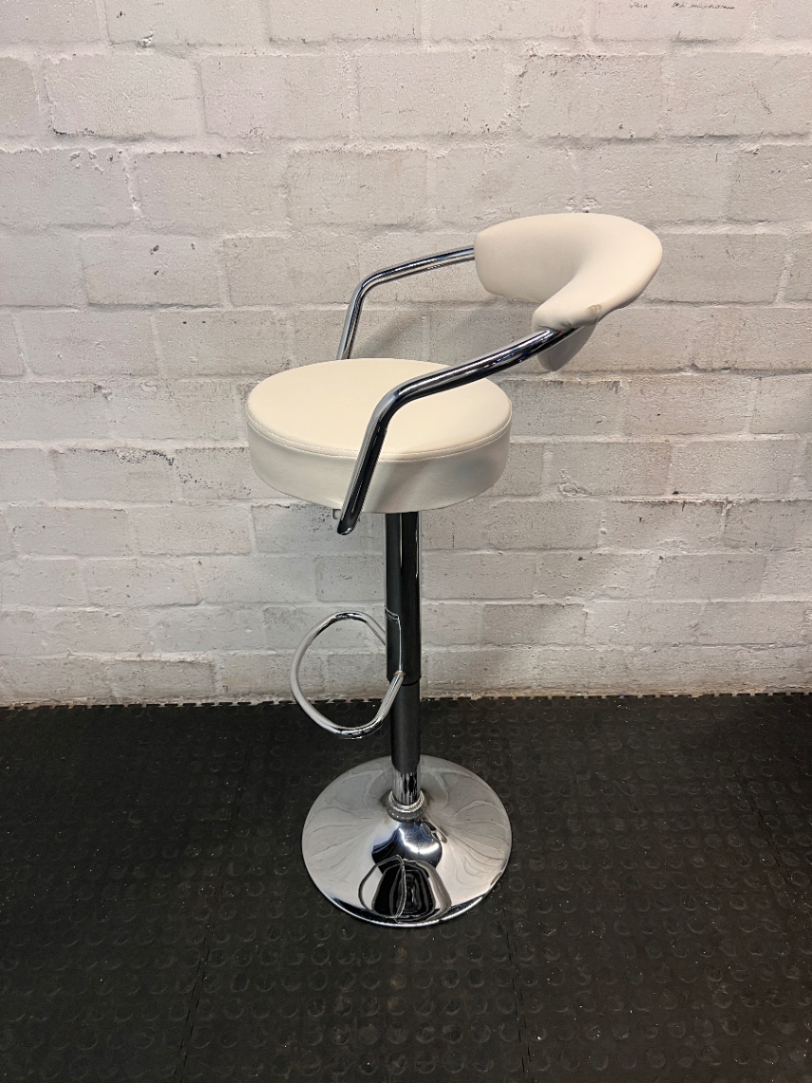 Adjustable Off-White Leatherette Bar Stool with Chrome Trim — Good Working Order