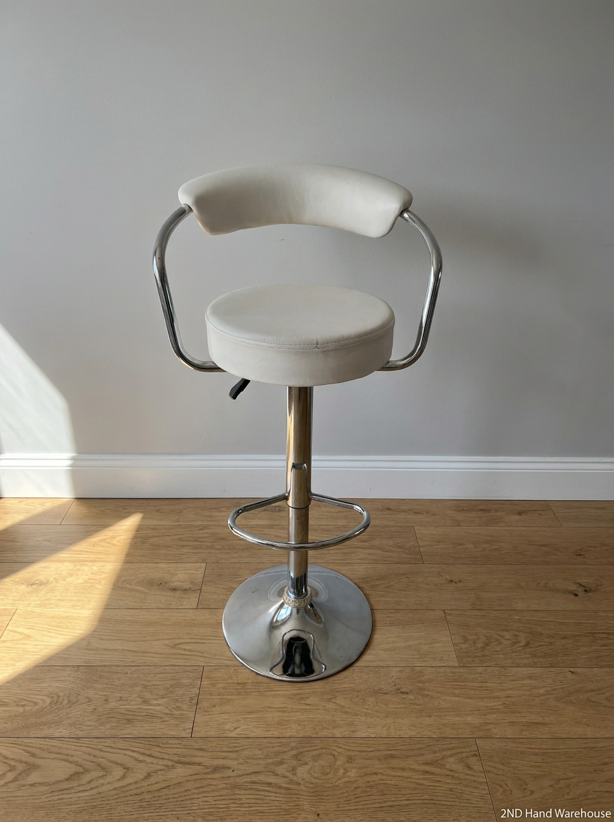 Adjustable Off-White Leatherette Bar Stool with Chrome Trim — Good Working Order