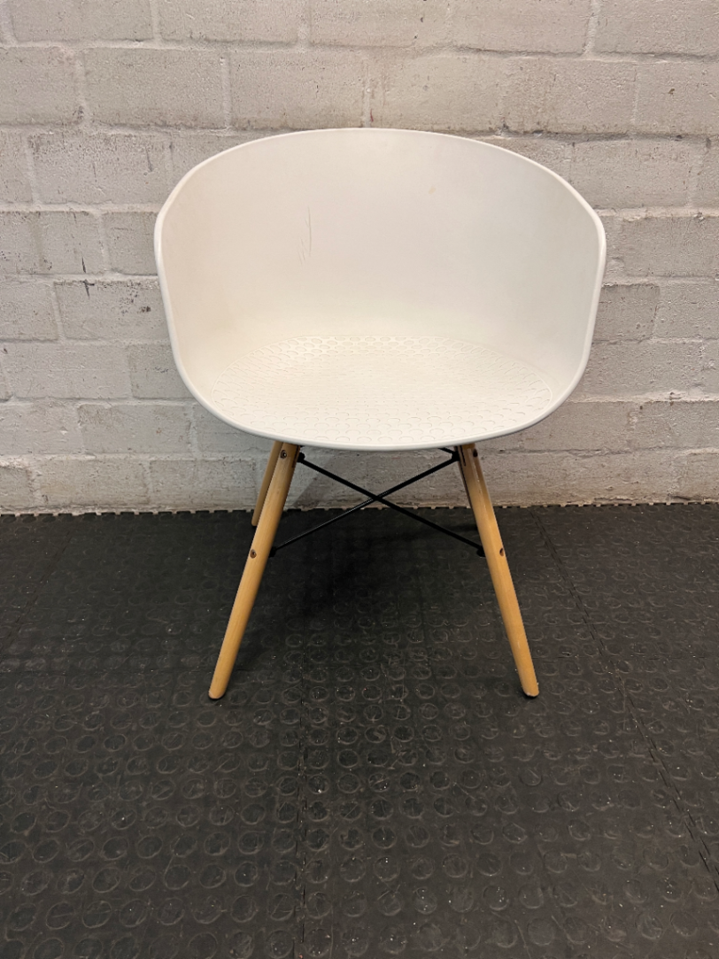 White Moulded Plastic Chair with Wood Legs