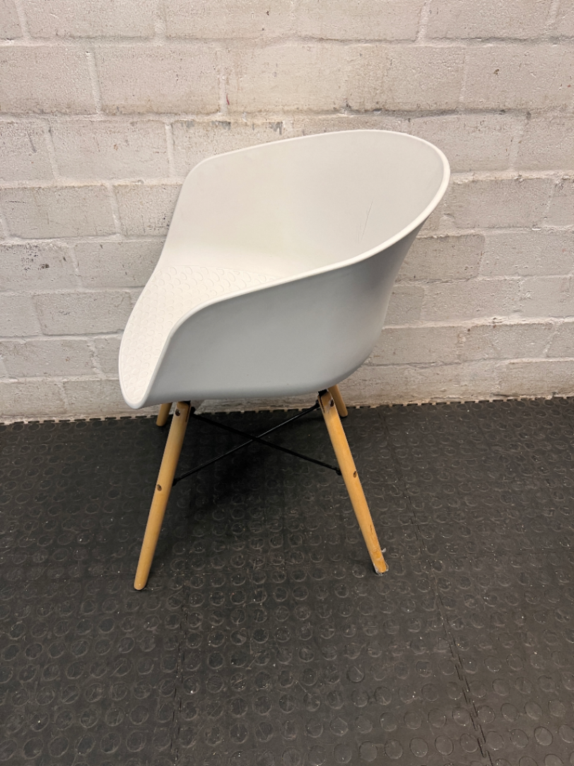 White Moulded Plastic Chair with Wood Legs