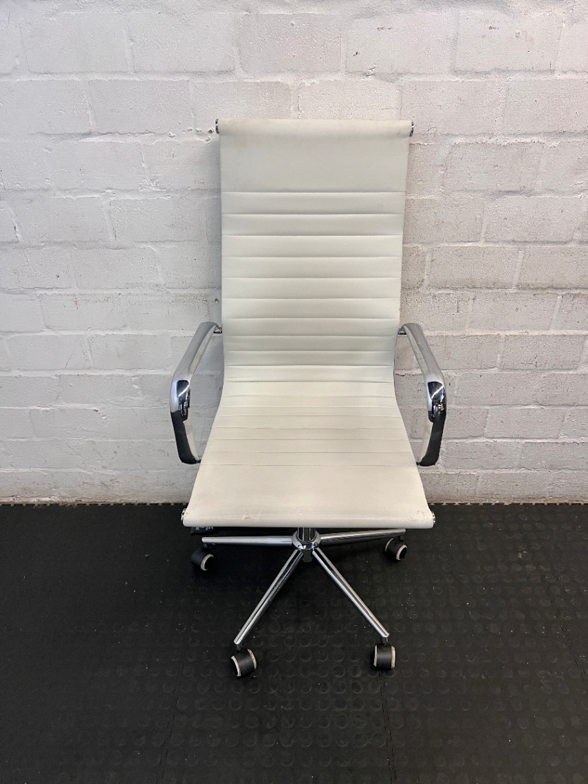 Modern White Ribbed High Back Office Chair with Chrome Details - 2ndhandwarehouse.com