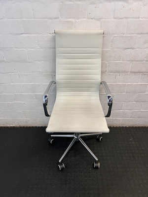 Modern White Ribbed High Back Office Chair with Chrome Details - 2ndhandwarehouse.com
