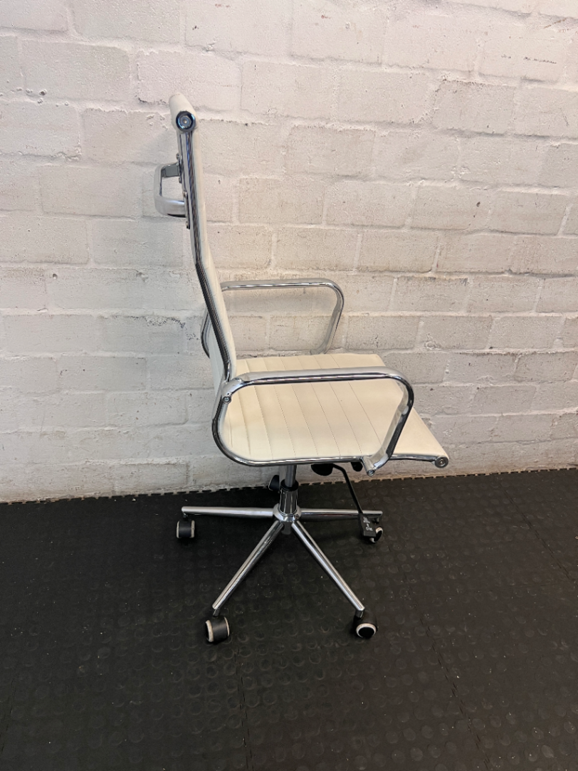 Modern White Ribbed High Back Office Chair with Chrome Details - 2ndhandwarehouse.com