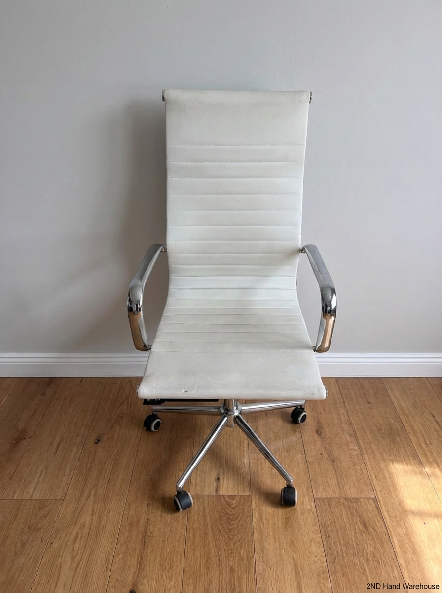 Modern White Ribbed High Back Office Chair with Chrome Details - 2ndhandwarehouse.com