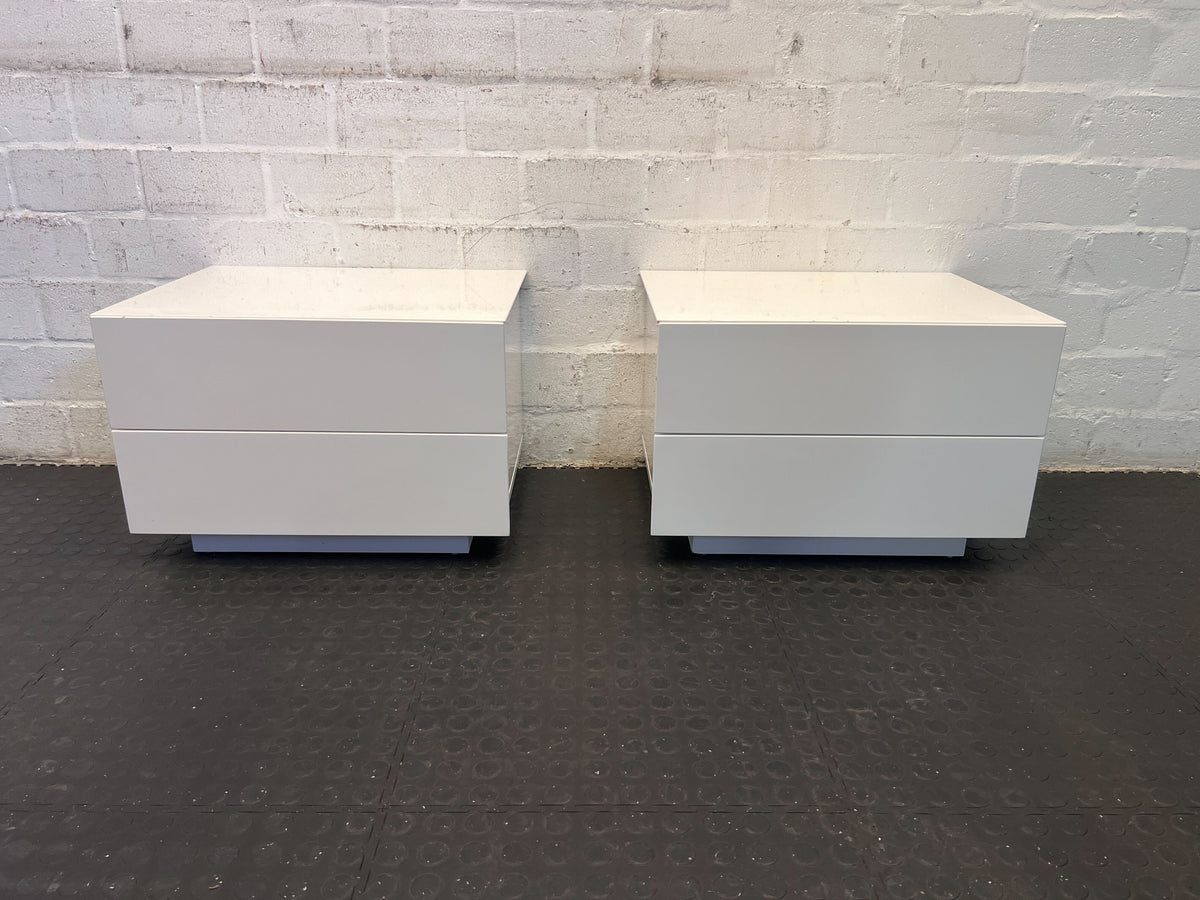 Modern White Two-Drawer Storage Chest with Minor Scratches