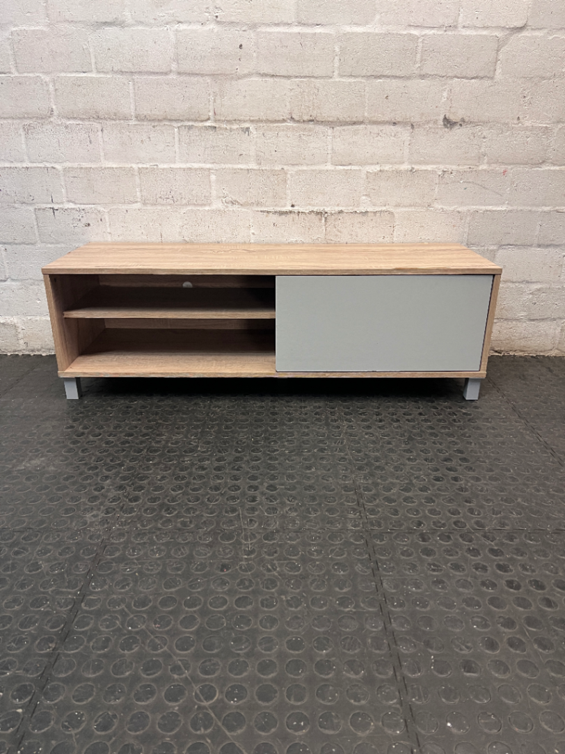 Modern Wood Look TV Unit with Grey Sliding Door — Well Used Condition