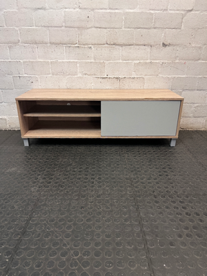 Modern Wood Look TV Unit with Grey Sliding Door — Well Used Condition